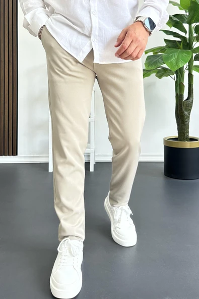 Erkek Beli Düğmeli Pamuklu Dar Kalıp Pantolon Bej Edw364 ürün görseli