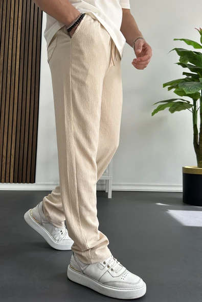 Erkek Rahat Kalıp Yazlık Pantolon Krem Edw269 - Resim 2