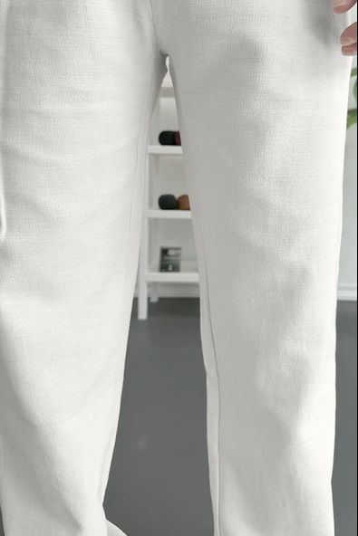 Erkek Beli Düğmeli Baggy Kalıp Pileli Pantolon Beyaz Edw357 - 5