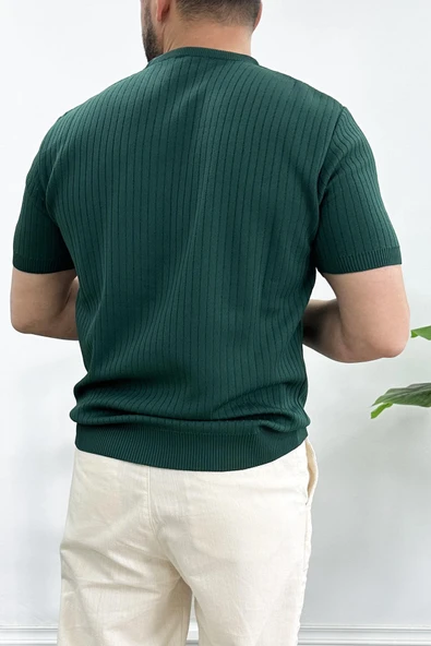 Erkek Bisiklet Yaka Çizgili Tişört Koyu Yeşil Edw265 - Resim 3