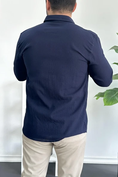 Erkek Krinkıl Kumaş Gömlek Lacivert Edw362 - 3
