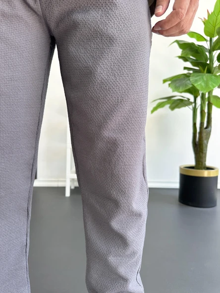Erkek Beli Lastikli Gofre Kumaş Jogger Pantolon Füme Edw358 - Resim 4