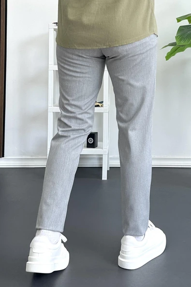Erkek Beli Düğmeli Pamuklu Dar Kalıp Pantolon Gri Edw364 - 4