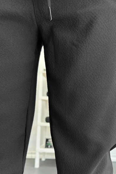 Erkek Beli Lastikli Gofre Kumaş Jogger Pantolon Siyah Edw358 - Resim 5