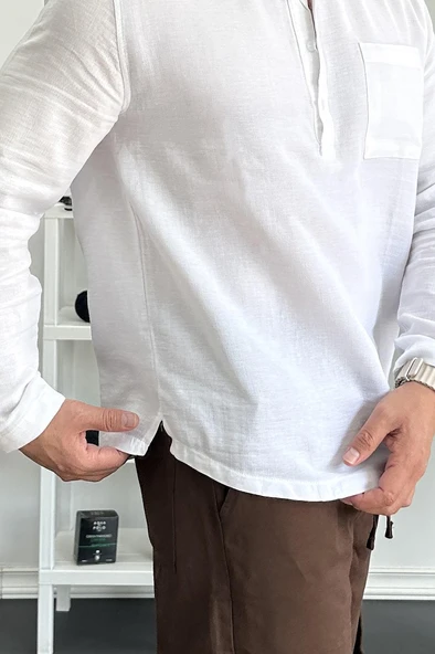 Erkek Hakim Yaka Yarım Patlı Cepli Gömlek Beyaz Edw361 - 4