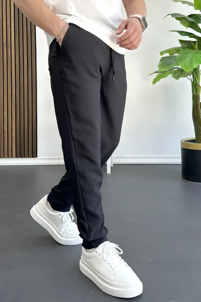 Erkek Beli Lastikli Gofre Kumaş Jogger Pantolon Siyah Edw358 - Resim 2