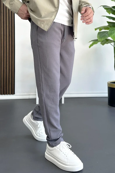 Erkek Beli Lastikli Gofre Kumaş Jogger Pantolon Füme Edw358 - Resim 2