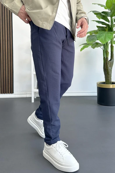 Erkek Beli Lastikli Gofre Kumaş Jogger Pantolon Lacivert Edw358 - 2