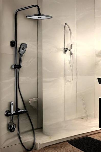 Fonksiyonel Tepe Duşlu Piyano Sürgülü Duş ve Batarya Takımı Mat Siyah