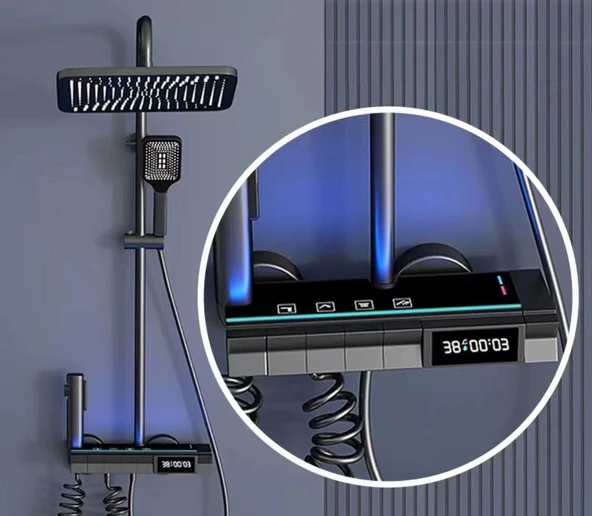 Antrasit Dijital Led Işıklı Fonksiyonel Tepe Duşlu Piyano Sürgülü Duş ve Batarya Takımı - 4