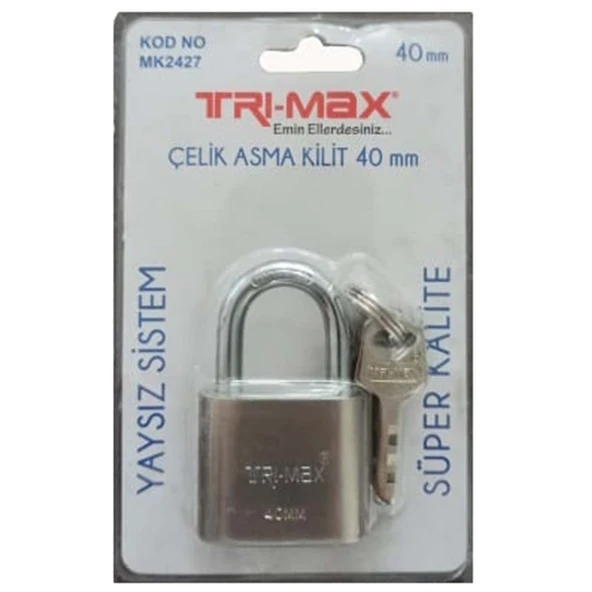 Tri-max Çelik Asma Kilit 40 mm Yaysız Sistem Süper Kalite MK2427
