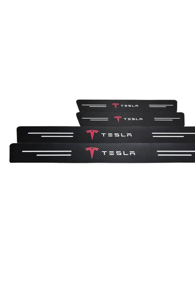 Autowise Tesla Logolu Karbon Kapı Eşiği Koruyucu Bant Folyo 4'lü Set