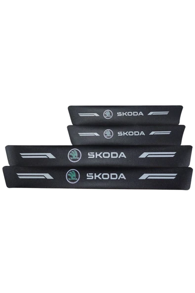 Autowise Skoda Logolu Karbon Kapı Eşiği Koruyucu Bant Folyo 4'lü Set