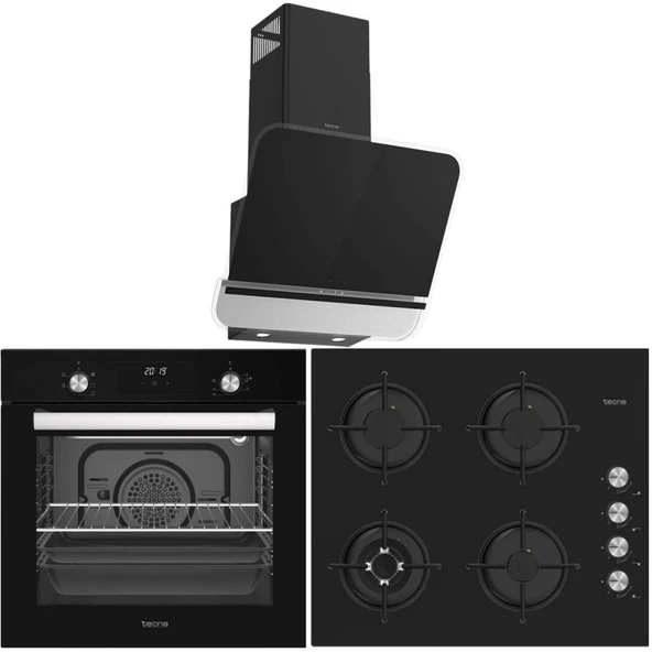 Tecna Ankastre Set Siyah (8402 60 cm Cam Ankastre Ocak - 8871 60 cm Duvar Tipi Davlumbaz-Tecna 8259 9 Fonksiyon Fırın)