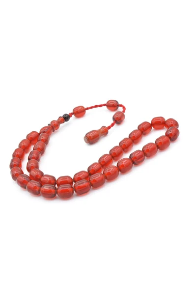 Şükrü Baba Yapımı Fıçı Model Kırmızı Sıkma Kehribar Tesbih - Resim 3