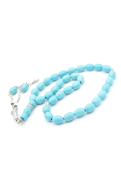 Gümüş Kaplama Püsküllü Beyzi Kesim İri Boy Turkuaz Taşı Tesbih - Resim 4