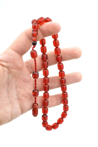 Şükrü Baba Yapımı Fıçı Model Kırmızı Sıkma Kehribar Tesbih - Resim 5