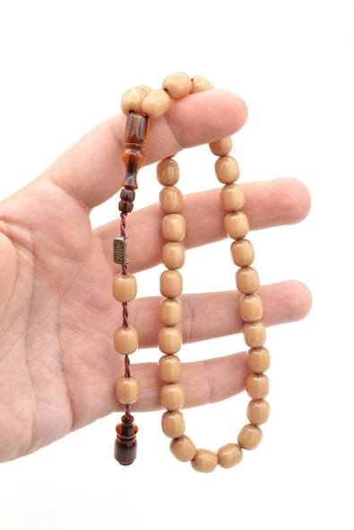 Dabbas İmzalı Fıçı Kesim Bej Sıkma Kehribar Tesbih - 6