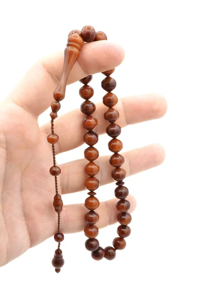 İstanbul Kesim İri Boy Kahverengi Toz Kehribar Tesbih - Resim 4