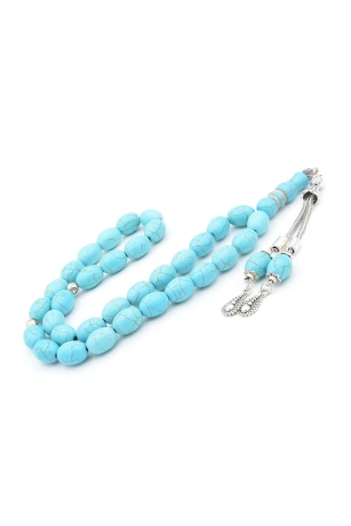 Gümüş Kaplama Püsküllü Beyzi Kesim İri Boy Turkuaz Taşı Tesbih - Resim 2