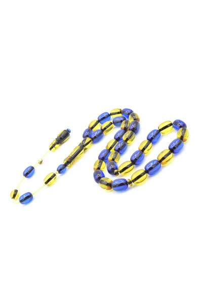 Enes Abdo İmzalı Kapsül Kesim Sarı Lacivert Sıkma Kehribar Tesbih - Resim 4