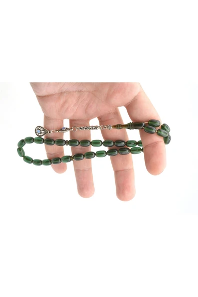 Usta İşi Kapsül Kesim Koyu Yeşil Sıkma Kehribar Tesbih - Resim 6