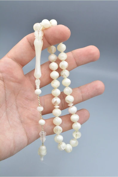 Usta İşi Sığırcık Kesim İri Boy Hareli Beyaz Uçak Camı Tesbih - Resim 6