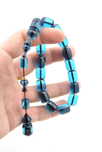 Hakkı Usta İmzalı Fıçı Kesim Mavi Sıkma Kehribar Efe Maskot Tesbih - Resim 5