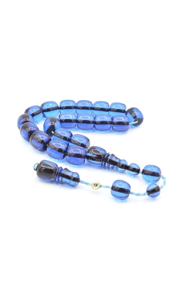 Enes Abdo İmzalı Fıçı Kesim Koyu Mavi Sıkma Kehribar Efe Maskot Tesbih ürün görseli 1