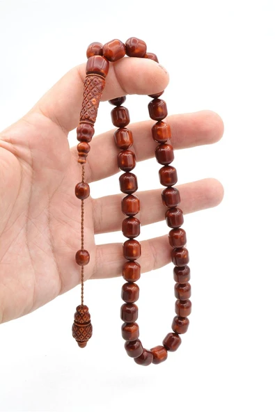 Sistemli Fıçı Kesim İri Boy Kahverengi Toz Pres Kehribar Tesbih - Resim 5