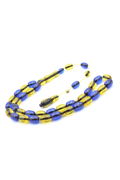 Enes Abdo İmzalı Kapsül Kesim Sarı Lacivert Sıkma Kehribar Tesbih - Resim 3