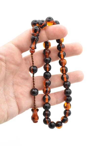 Şükrü Baba Yapımı Küre Model İri Siyah Turuncu Sıkma Kehribar Tesbih - Resim 5