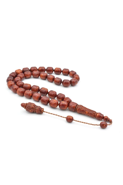 Sistemli Fıçı Kesim İri Boy Kahverengi Toz Pres Kehribar Tesbih ürün görseli 1