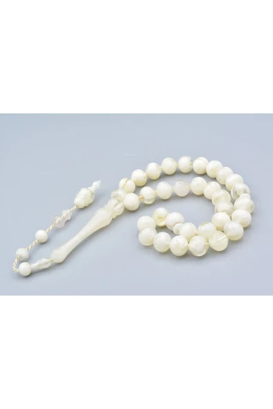 Usta İşi Sığırcık Kesim İri Boy Hareli Beyaz Uçak Camı Tesbih - Resim 5