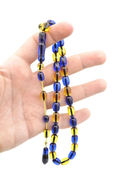 Enes Abdo İmzalı Kapsül Kesim Sarı Lacivert Sıkma Kehribar Tesbih - Resim 5