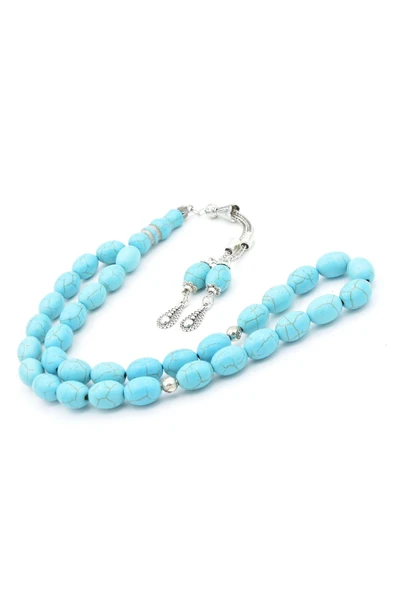 Gümüş Kaplama Püsküllü Beyzi Kesim İri Boy Turkuaz Taşı Tesbih - Resim 3
