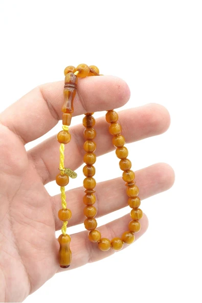 Hakkı Usta İmzalı Küre Kesim Bilek Boy Sarı Sıkma Kehribar Tesbih - Resim 5