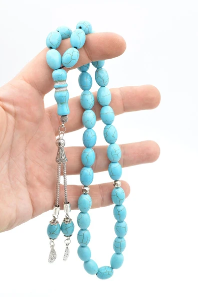 Gümüş Kaplama Püsküllü Beyzi Kesim İri Boy Turkuaz Taşı Tesbih - Resim 5