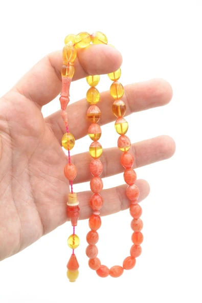 Hakan Turan Yapımı Beyzi Kesim Pembe Renk Süzmesi Sıkma Kehribar Tesbih - Resim 4