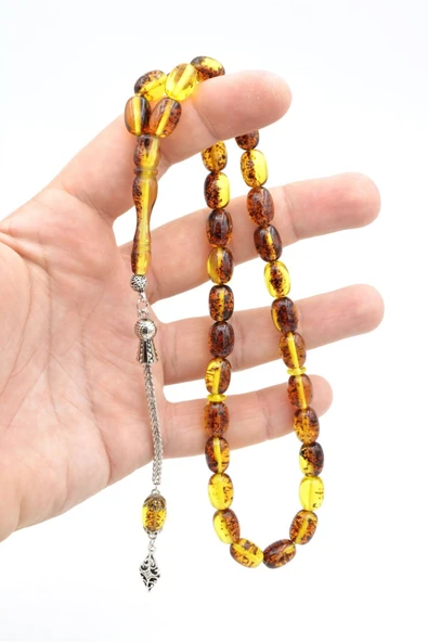 Damla Kehribar Benzeri İri Boy Kapsül Kesim Fosilli Toz Kehribar Tesbih - Resim 4