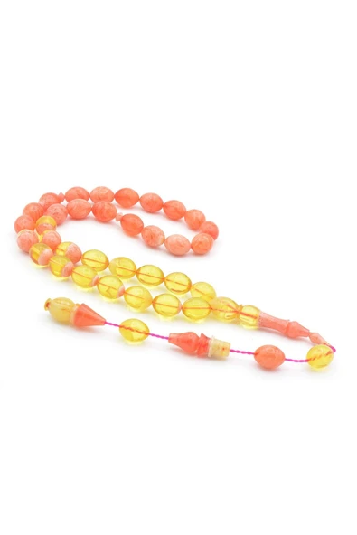 Hakan Turan Yapımı Beyzi Kesim Pembe Renk Süzmesi Sıkma Kehribar Tesbih ürün görseli 1