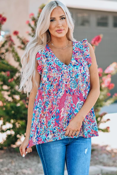 Bayan Boho Desenli Fırfırlı V Yaka Tank Top (Pembe)