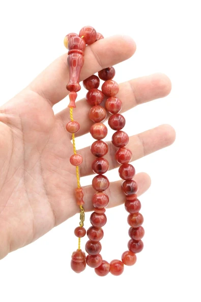 Ahmet Emin İmzalı İri Boy Küre Kesim Hareli Pembe Sıkma Kehribar Tesbih - 4