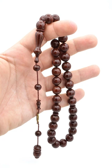 Ahmet Emin İmzalı İri Boy Küre Kesim Kahverengi Sıkma Kehribar Tesbih - Resim 4