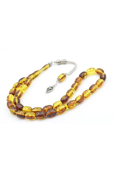 Damla Kehribar Benzeri İri Boy Kapsül Kesim Fosilli Toz Kehribar Tesbih - Resim 3