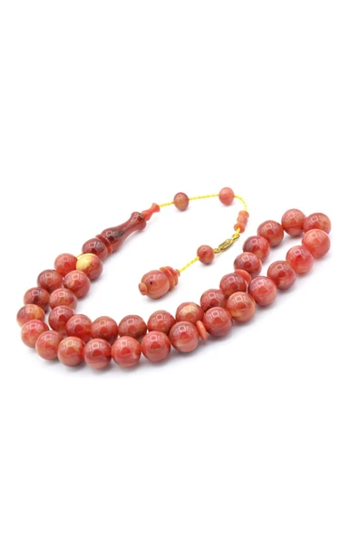 Ahmet Emin İmzalı İri Boy Küre Kesim Hareli Pembe Sıkma Kehribar Tesbih - 3