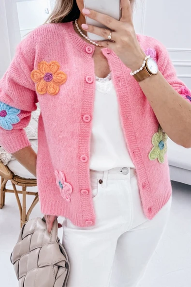 Kadın Örme Çiçek Desenli Düğmeli Hırka (Pembe)
