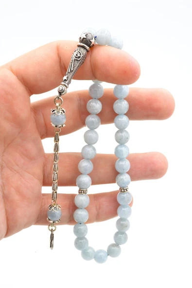 Gümüş Malzemeli Hakiki Doğal Akuamarin Taşı Tesbih - 4