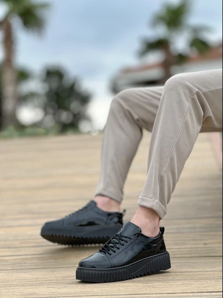 ET8104 Yüksek Taban Rugan Siyah Bağcıklı Erkek Ayakkabı - Resim 2