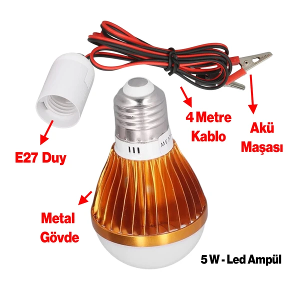 Akü Pensli 4 Metre Kablolu 12 V Tasarruflu Seyyar Led Ampul 5W Lamba Anahtarlı Aydınlatma Beyaz Işık - 3